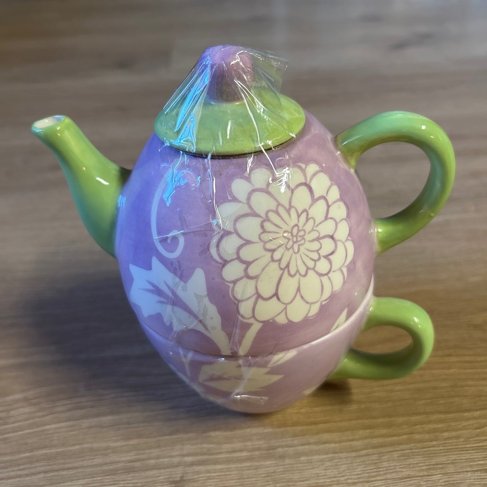 Clay Art Tea For One Stackable Ceramic Teapot and Cup Set Purple Green Floral